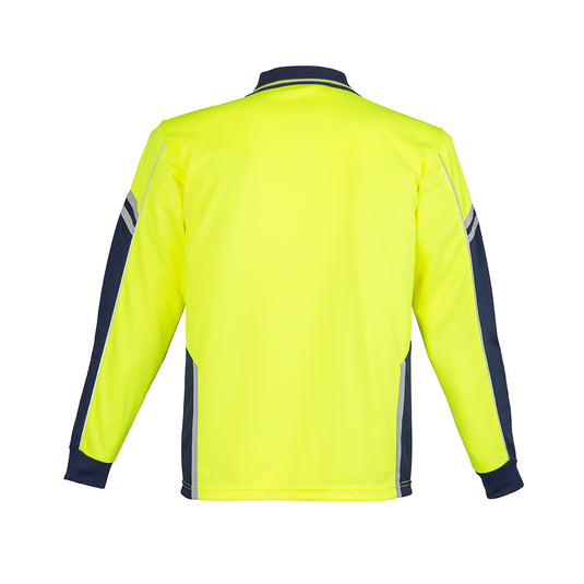 Syzmik Hi Vis Squad L/S Polo Shirt featuring a striking design with reflective piping details, a chest pocket with pen insert, and detailed arm and side panels, ideal for workplace safety and comfort.