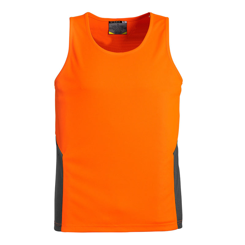 Load image into Gallery viewer, Syzmik Hi Vis Squad Singlet, an orange and grey active tank top, designed for high breathability and quick drying, features a contrast side panel and moisture-wicking 144 filament supreme microfibre polyester for optimal performance.