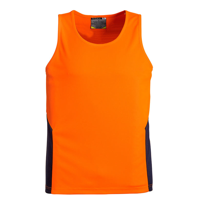Load image into Gallery viewer, Syzmik Hi Vis Squad Singlet, an athletic top featuring contrast side panels, crafted from breathable 144 Filament supreme microfiber polyester with moisture-wicking and quick-dry properties, ideal for active safety and workwear.