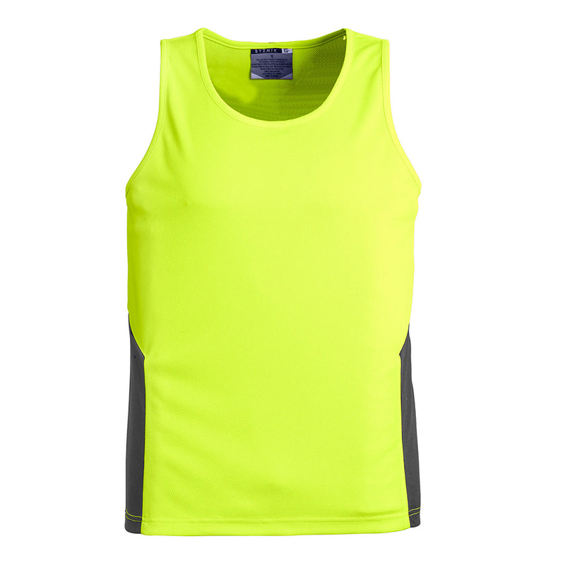 Load image into Gallery viewer, Syzmik Hi Vis Squad Singlet: A yellow and grey athletic tank top featuring moisture-wicking, breathable fabric with contrast side panels, ideal for active or safety-focused environments.