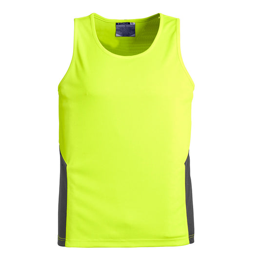 Syzmik Hi Vis Squad Singlet: A yellow and grey athletic tank top featuring moisture-wicking, breathable fabric with contrast side panels, ideal for active or safety-focused environments.