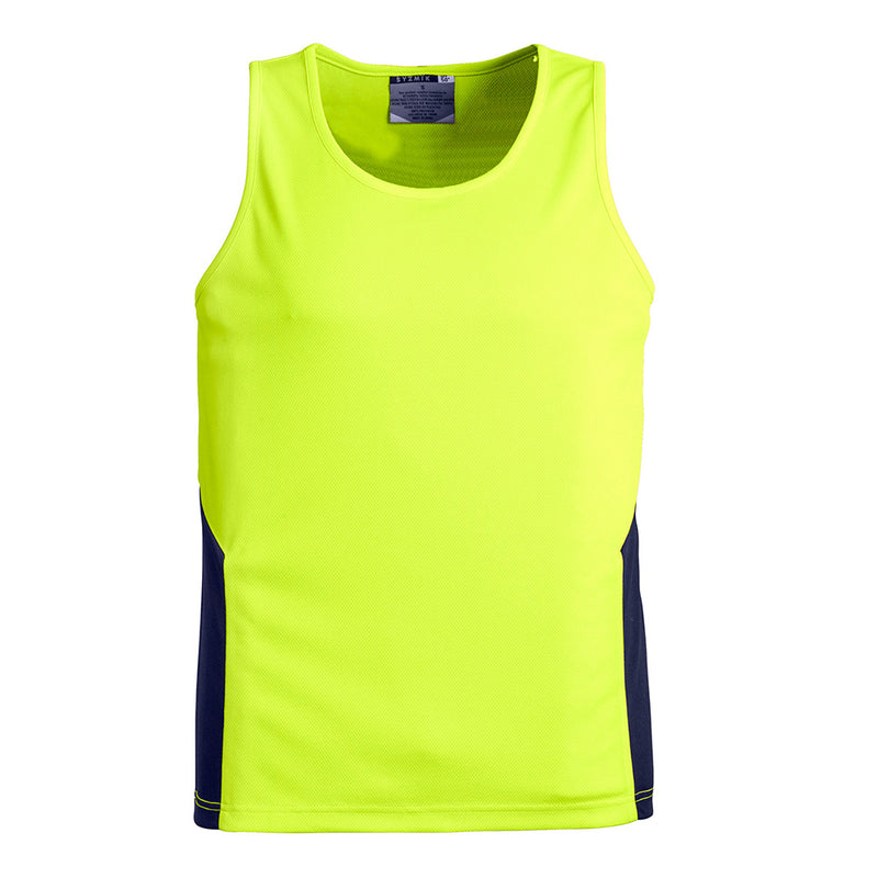 Load image into Gallery viewer, Syzmik Hi Vis Squad Singlet, an athletic yellow tank top with blue stripes, features contrast side panels, moisture-wicking, and quick-dry properties, ideal for active and safety-focused environments.