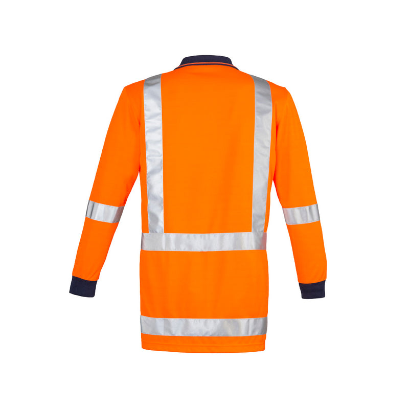 Load image into Gallery viewer, Syzmik TTMC-W23 Orange Long Sleeve Polo, featuring 100% polyester with moisture-wicking and quick-dry properties, reflective tape in H configuration, chest pocket with pen insert, designed for New Zealand road compliance and high UV protection.