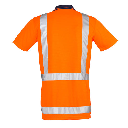 Syzmik TTMC-W Short Sleeve Polo Shirt features bright orange fabric with silver reflective stripes over shoulders and waist, chest pocket with pen insert, designed for road compliance and high visibility in New Zealand.