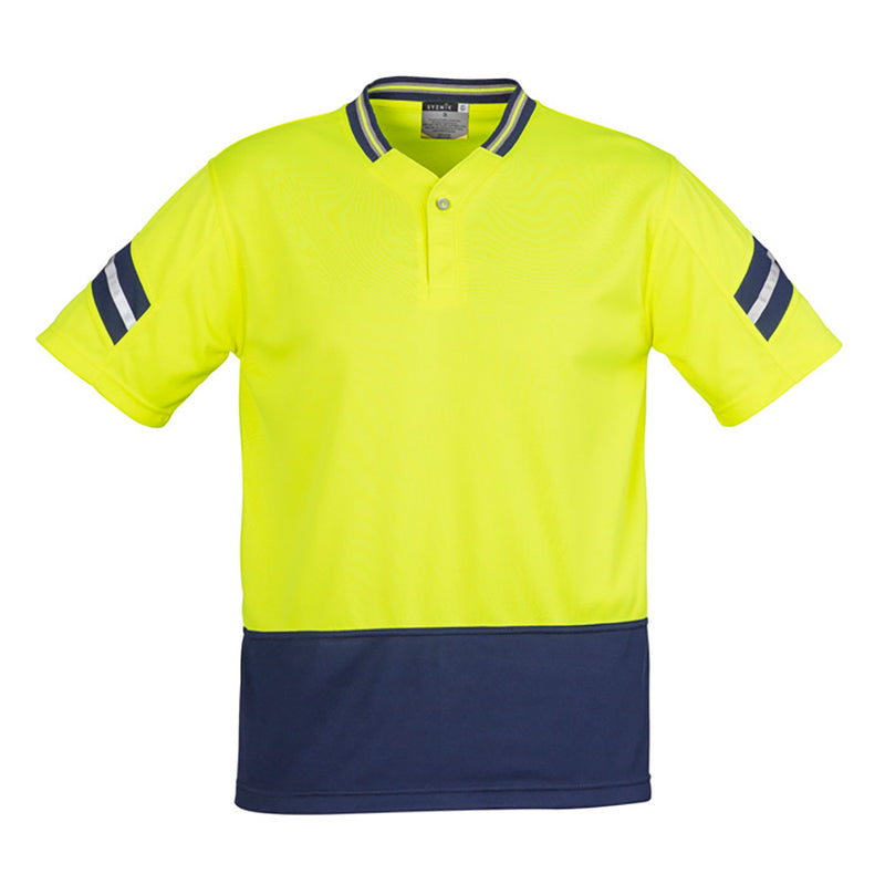 Load image into Gallery viewer, Syzmik Hi Vis Astro Polo Shirt featuring a sports style collar and 3M reflective stripes on sleeves, designed for high visibility and active comfort with quick-dry, breathable polyester fabric.