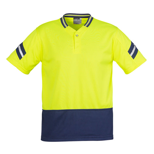 Syzmik Hi Vis Astro Polo Shirt featuring a sports style collar and 3M reflective stripes on sleeves, designed for high visibility and active comfort with quick-dry, breathable polyester fabric.