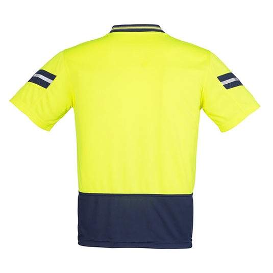 Syzmik Hi Vis Astro Polo Shirt featuring a sports style collar and 3M reflective stripes on each sleeve, designed for high visibility and moisture wicking, ideal for safety and active wear.