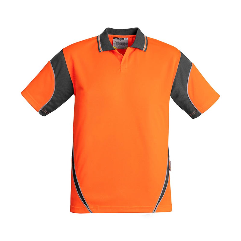 Load image into Gallery viewer, Syzmik Hi Vis Aztec Short Sleeve Polo, crafted from breathable, quick-dry polyester, features high-visibility design with dark gray sleeve and collar panels, ideal for safety-focused environments in the food industry.