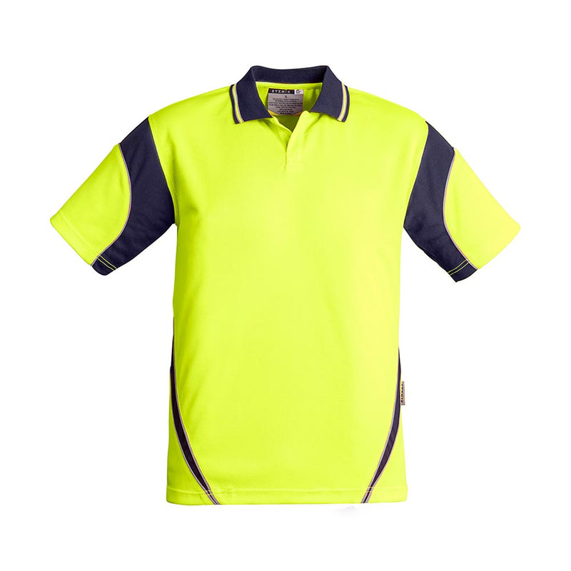 Load image into Gallery viewer, Syzmik Hi Vis Aztec Short Sleeve Polo, featuring a fluorescent yellow design with contrasting navy panels. Made of 100% polyester, it offers moisture-wicking, breathability, quick-dry properties, and UPF 50 protection, suitable for safety-focused environments.
