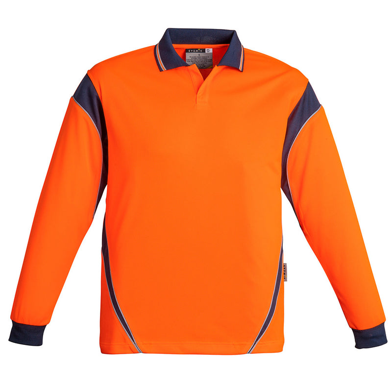 Load image into Gallery viewer, Syzmik Hi Vis Aztec L/S Polo Shirt, a long-sleeved, button-free placket design, suitable for the food industry, featuring moisture-wicking, breathable, quick-dry polyester, ideal for safety-focused work environments.