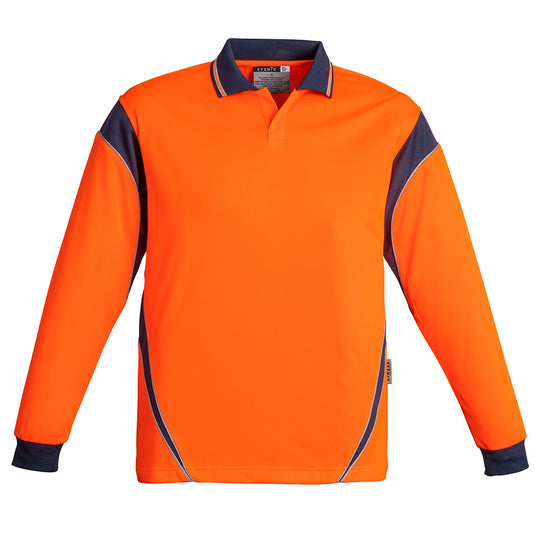 Syzmik Hi Vis Aztec L/S Polo Shirt, a long-sleeved, button-free placket design, suitable for the food industry, featuring moisture-wicking, breathable, quick-dry polyester, ideal for safety-focused work environments.