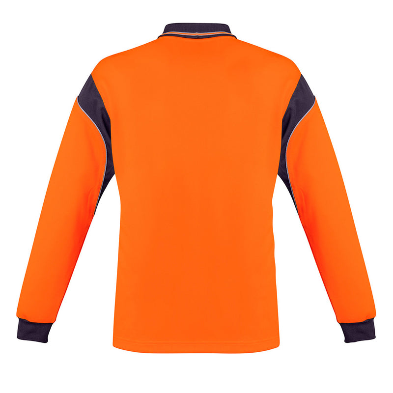 Load image into Gallery viewer, Syzmik Hi Vis Aztec L/S Polo Shirt, featuring a sleek, button-free design. This long-sleeved shirt is crafted from breathable, moisture-wicking polyester, ideal for safety and comfort in active work environments.