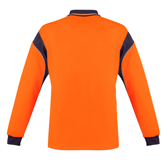 Syzmik Hi Vis Aztec L/S Polo Shirt, featuring a sleek, button-free design. This long-sleeved shirt is crafted from breathable, moisture-wicking polyester, ideal for safety and comfort in active work environments.