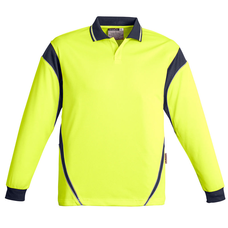 Load image into Gallery viewer, Syzmik Hi Vis Aztec L/S Polo Shirt, featuring a sleek button-free design, ideal for safety environments. Made from breathable, quick-dry microfiber polyester, the shirt includes a separate loose pocket. Perfect for active workplaces.