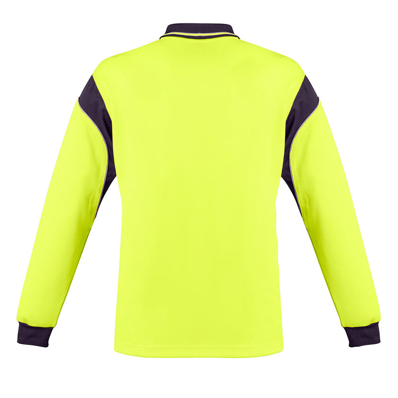 Load image into Gallery viewer, Syzmik Hi Vis Aztec L/S Polo Shirt features a sleek, button-free design with a loose pocket, ideal for safety and work environments, showcasing its moisture-wicking and quick-dry polyester fabric.
