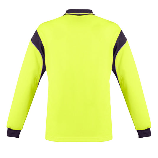 Syzmik Hi Vis Aztec L/S Polo Shirt features a sleek, button-free design with a loose pocket, ideal for safety and work environments, showcasing its moisture-wicking and quick-dry polyester fabric.