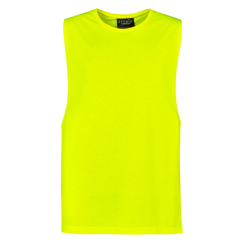 Load image into Gallery viewer, Syzmik Hi Vis Sleeveless Tee featuring a modern fit with drop armholes and taped shoulders, crafted from a soft, lightweight polyester-rayon blend for comfort and breathability, ideal for active, safety-conscious work environments.