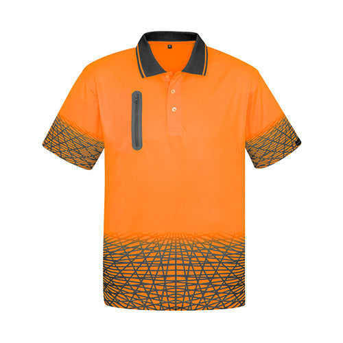 Syzmik Hi Vis Tracks Polo Shirt featuring a contemporary sublimated design with a bonded zip chest pocket, ideal for safety workwear. Made from breathable, moisture-wicking polyester, perfect for active environments.