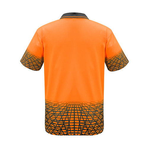 Syzmik Hi Vis Tracks Polo Shirt featuring a contemporary sublimated design visible from the back, showcasing its active shirt style with a bonded zip chest pocket for practical use.