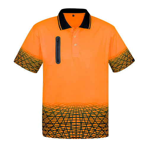 Syzmik Hi Vis Tracks Polo Shirt, featuring a contemporary sublimated design with a bonded zip chest pocket, ideal for active work environments. Made from moisture-wicking, quick-dry polyester, ensuring breathability and comfort.