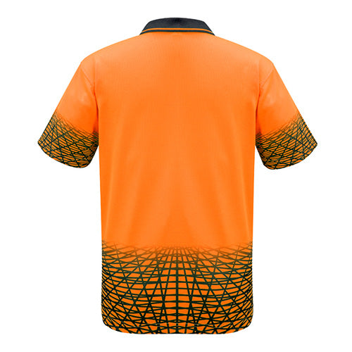 Load image into Gallery viewer, Syzmik Hi Vis Tracks Polo Shirt featuring a contemporary sublimated design with a back view highlighting its moisture-wicking, breathable fabric and bonded zip chest pocket for practicality in active safety work environments.