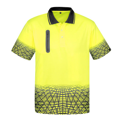 Syzmik Hi Vis Tracks Polo Shirt features a sleek sublimated design with black and grey accents, bonded zip chest pocket, ideal for safety-conscious work environments requiring visibility and comfort.
