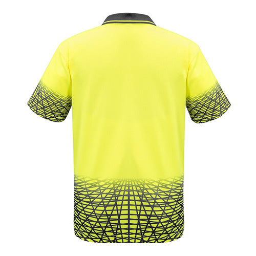 Syzmik Hi Vis Tracks Polo Shirt featuring a contemporary sublimated design with black lines, bonded zip chest pocket, and moisture-wicking, breathable fabric, ideal for workplace safety and comfort.
