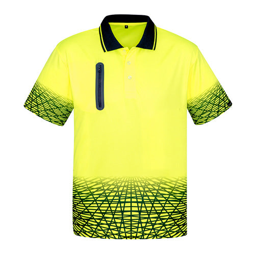 Syzmik Hi Vis Tracks Polo Shirt with black trim and grid pattern, featuring a bonded zip chest pocket. Made from moisture-wicking, quick-dry polyester, ideal for active safety and workwear.