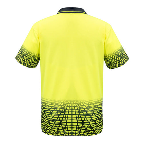 Load image into Gallery viewer, Syzmik Hi Vis Tracks Polo Shirt, featuring a contemporary sublimated design with black grid lines and a bonded zip chest pocket, ideal for active wear with moisture-wicking and quick-dry properties.
