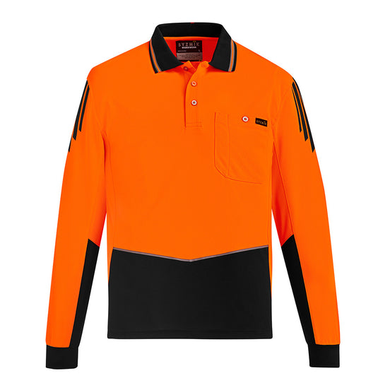 Syzmik Flux Hi Vis L/S Polo Shirt featuring long sleeves, black accents, and breathable side mesh panels. Designed for safety and comfort with a chest pocket and moisture-wicking properties.