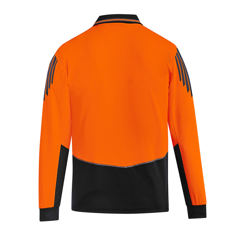 Load image into Gallery viewer, Syzmik Flux Hi Vis L/S Polo Shirt, featuring a long-sleeved design with a breathable mesh panel under the sleeves and side for enhanced ventilation, ideal for workplace safety and comfort.