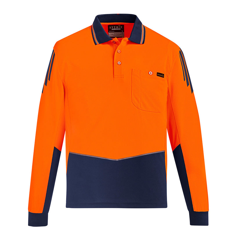 Load image into Gallery viewer, Syzmik Flux Hi Vis L/S Polo Shirt featuring a long-sleeved design and contrast print on the shoulder, ideal for hot conditions with its breathable mesh panels and moisture-wicking fabric.