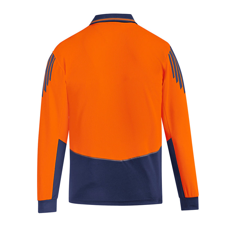 Load image into Gallery viewer, Syzmik Flux Hi Vis L/S Polo Shirt featuring long sleeves and innovative Hi Vis stretch mesh panels for enhanced breathability, ideal for workplace safety and comfort.