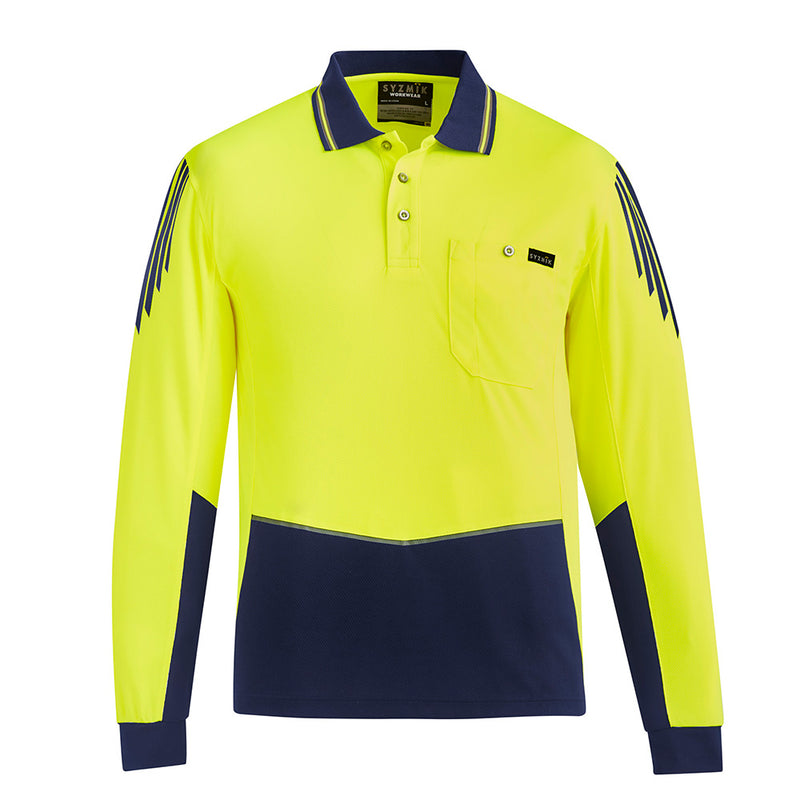 Load image into Gallery viewer, Syzmik Flux Hi Vis L/S Polo Shirt featuring a long-sleeved design with breathable mesh panels and a chest pocket with pen insert, ideal for safety and comfort in high-visibility work environments.