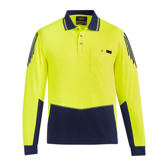 Syzmik Flux Hi Vis L/S Polo Shirt featuring a long-sleeved design with breathable mesh panels and a chest pocket with pen insert, ideal for safety and comfort in high-visibility work environments.