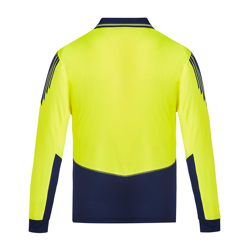 Load image into Gallery viewer, Syzmik Flux Hi Vis L/S Polo Shirt featuring a unique stretch mesh for breathability, moisture-wicking properties, and a chest pocket with pen insert, ideal for workplace safety and comfort.