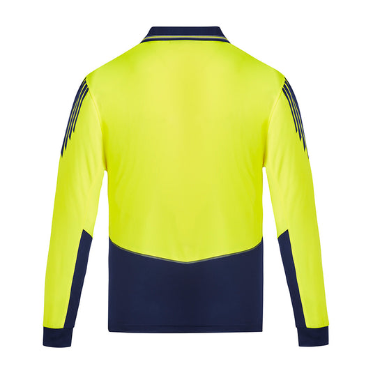 Syzmik Flux Hi Vis L/S Polo Shirt featuring a unique stretch mesh for breathability, moisture-wicking properties, and a chest pocket with pen insert, ideal for workplace safety and comfort.