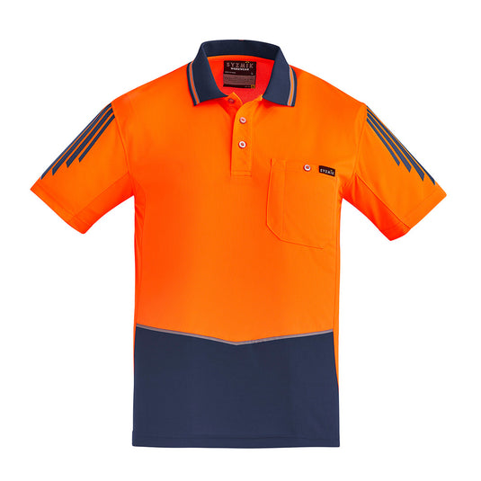 Syzmik Flux Hi Vis Polo Shirt featuring a breathable stretch mesh along the side panel and under the sleeve, chest pocket with pen insert, ideal for active safety work environments.