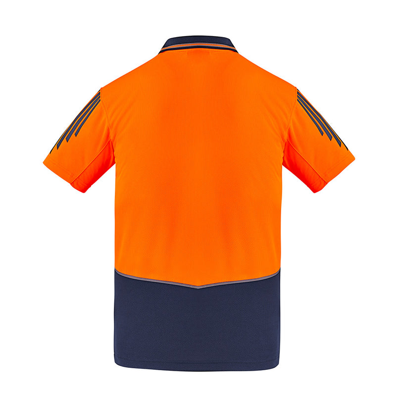 Load image into Gallery viewer, Syzmik Flux Hi Vis Polo Shirt, featuring a back view, showcases mesh panels for breathability and a chest pocket with pen insert, ideal for workplace safety and comfort.