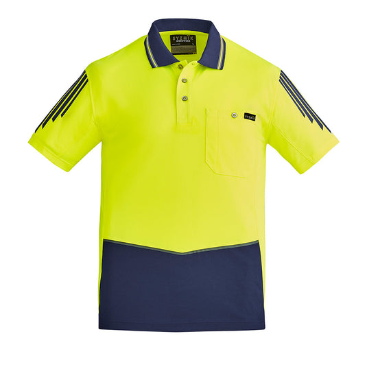 Syzmik Flux Hi Vis Polo Shirt featuring breathable mesh side and underarm panels, a chest pocket with pen insert, and contrast shoulder print, designed for high visibility and moisture control in active environments.