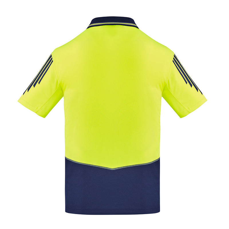 Load image into Gallery viewer, Syzmik Flux Hi Vis Polo Shirt featuring a back view with breathable mesh panels for ventilation, a chest pocket with pen insert, and contrast print on the shoulder, ideal for active safety environments.