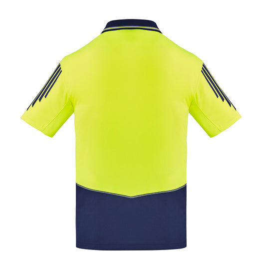 Syzmik Flux Hi Vis Polo Shirt featuring a back view with breathable mesh panels for ventilation, a chest pocket with pen insert, and contrast print on the shoulder, ideal for active safety environments.