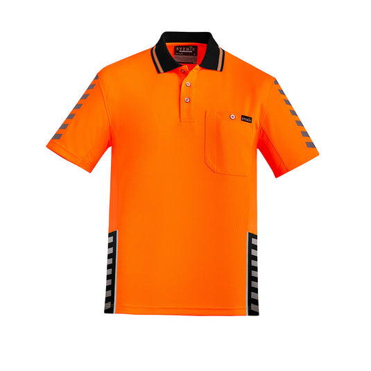 Syzmik Hi Vis Komodo Short Sleeve Polo featuring black stripes and reflective trim, designed with breathable mesh panels for enhanced airflow. Ideal for active safety environments, complete with a chest pocket and moisture-wicking fabric.