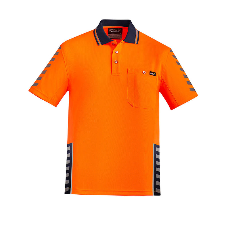 Load image into Gallery viewer, Syzmik Hi Vis Komodo Short Sleeve Polo featuring blue stripes and reflective trim, designed with breathable mesh panels for hot conditions, and includes a chest pocket for utility. Ideal for workplace safety.