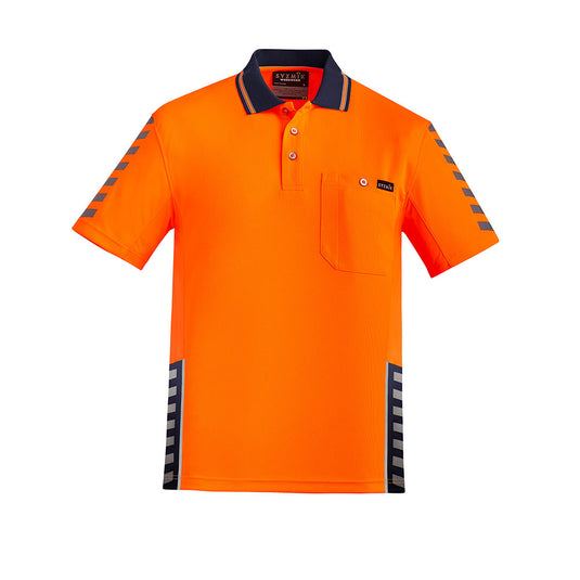 Syzmik Hi Vis Komodo Short Sleeve Polo featuring blue stripes and reflective trim, designed with breathable mesh panels for hot conditions, and includes a chest pocket for utility. Ideal for workplace safety.