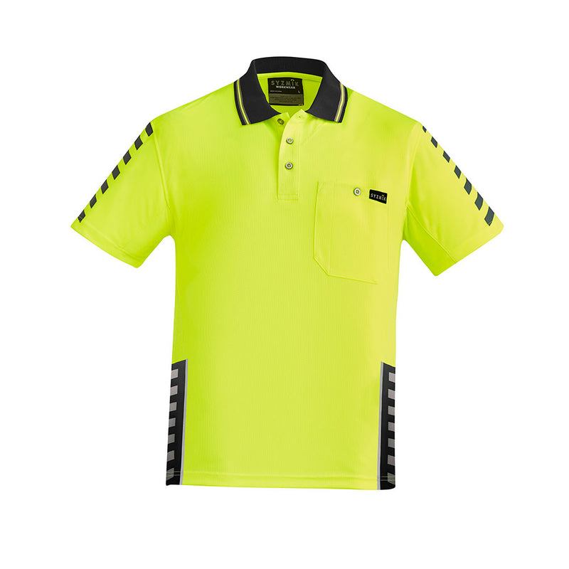 Load image into Gallery viewer, Syzmik Hi Vis Komodo Short Sleeve Polo features a black-collared yellow design with black stripes and reflective trim, offering extreme breathability through mesh panels and a chest pocket with pen insert.