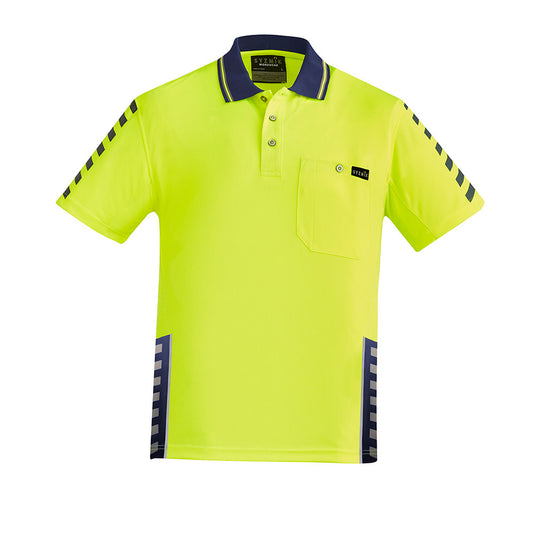 Syzmik Hi Vis Komodo Short Sleeve Polo features a breathable mesh side panel for ventilation, a chest pocket with pen insert, and reflective trim, ideal for safety-focused work environments.