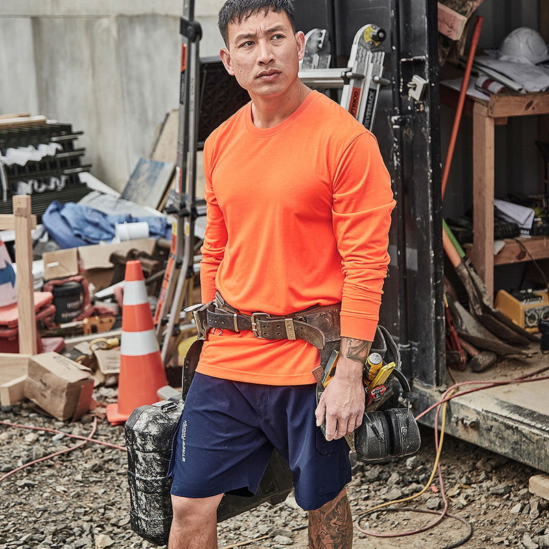 Load image into Gallery viewer, Syzmik Mens Hi Vis Long Sleeve Tee, crafted from 85% polyester and 15% rayon, offers a modern fit with taped shoulder and neck for shape retention, featuring breathable fabric and UPF 50 protection.