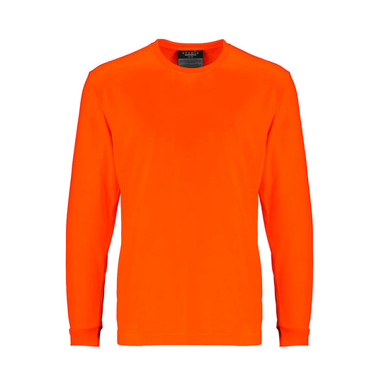 Syzmik Mens Hi Vis Long Sleeve Tee made of soft, lightweight fabric with a modern fit. Features include UPF 50 protection, taped shoulder and neck, ideal for safety-focused workplaces.
