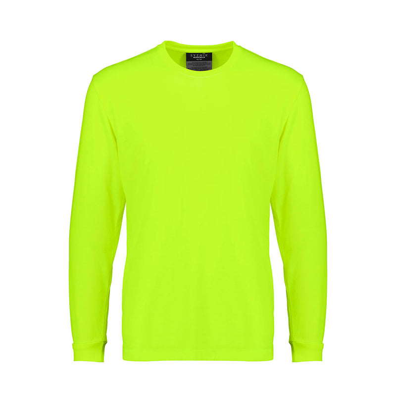 Load image into Gallery viewer, Syzmik Mens Hi Vis Long Sleeve Tee, designed for workplace safety, features a modern fit with taped shoulders and neck, providing UPF 50 protection, made from soft, breathable polyester-rayon fabric.